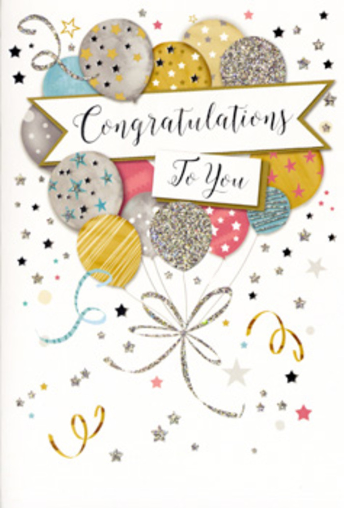 The card shown in the image is a graceful congratulations design that feels both festive and chic, much like a well-planned celebration in a stylish Earl's Court apartment. Dominating the centre is a cluster of illustrated balloons, arranged in a rounded bouquet that seems to float lightly above the lower edge of the card. The balloons are tinted in muted yet luxurious hues: soft gold, gleaming silver, champagne, sky blue, pale pink, and a gentle grey that anchors the palette. Each one is decorated with a unique pattern-tiny glittering stars scattered like constellations, fine stripes shimmering in metallic ink, and speckles that catch the eye, suggesting the sparkle of party lights reflecting off polished surfaces along Warwick Road. Fine ribbons trail from the base of the balloons in looping, metallic gold and silver lines, intertwining like the stems of a floral arrangement. Sweeping across the centre is a wide banner that carries the Congratulations To You message in fluid, calligraphic lettering, giving the whole design an air of considered elegance. Surrounding the main cluster, delicate stars, swirls, and dots drift across a softly tinted, almost white background, adding a sense of movement and celebration without any clutter. The card's implied textures-a hint of raised glitter here, a sheen of glossy ink there, and the smooth firmness of quality card stock-make it feel like a keepsake chosen with care. This design suits many moments of success, from graduations to career milestones, adding a refined sparkle to any congratulatory gesture in and around Earl's Court.