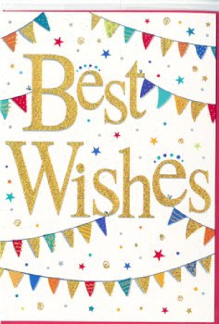 The congratulations card in this image presents a charming, party-like design that feels both joyful and refined, much like a tucked-away Earls Court garden brought to life with fairy lights and music. The card's background is an immaculate white, evoking clarity and possibility. At its heart, the phrase Best Wishes is written in a sweeping golden script, the lettering broad and graceful, almost like strokes of a calligrapher's pen dipped in liquid gold. The finish is subtly reflective and slightly embossed so that it glows rather than glares, inviting both the eye and the fingertips. Curving above and below the central text, strings of bunting create broad arcs that frame the greeting. Each tiny triangular pennant along these lines is painted in rich, playful colours-cherry red, sapphire, emerald, amber, and soft lilac. Many carry delicate patterns: fine stripes that run from tip to base, small scattered dots, or faint glittery highlights that catch the light as though they were real fabric triangles fluttering above a celebration near Earls Court Square. Between the bunting strands, smaller decorative elements float freely: little star shapes and circular confetti dots in matching hues. They appear weightless, suspended mid-fall, as though someone has just tossed a handful of confetti into the air to mark some wonderful news. The overall composition feels buoyant yet measured, making the card suitable for many kinds of congratulations-new jobs, exam results, engagements, or fresh starts in the city. Paired with elegant flowers delivered across Earls Court, the card's golden lettering and colourful bunting mirror the joy and anticipation held within a carefully arranged bouquet from a trusted local florist.