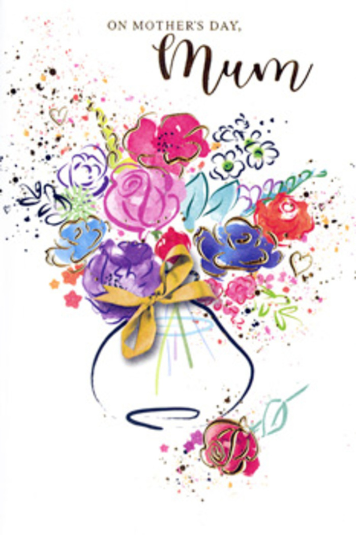 Expressive Mother's Day card artwork portraying an exuberant bouquet that seems to bloom right off the page, painted in flowing watercolour with a distinctly modern, Earls Court charm. The bouquet is a joyful mix of hot pink, indigo, apricot, and chartreuse touches, supported by softer tones of lavender and gentle blue that create depth and balance. Each bloom appears to be formed by quick, confident brushstrokes, layered so that colours mingle and overlap, much like flowers jostling together in a hand-tied bunch carried along Cromwell Road. Golden highlights flicker across certain petals and leaves, outlining their curves and catching the eye like late afternoon sunlight reflecting from a florist's window. The flowers gather into a full, rounded arrangement that emerges from a whimsical vase at the bottom of the card; the vase is softly shaded and finished with a delicate golden bow, echoing the ritual of tying the final ribbon before delivering flowers to neighbouring streets. Surrounding this central bouquet, tiny hearts, flecks of paint, and light splashes of colour dance around, creating a sense of celebration and affectionate spontaneity. The predominantly white background keeps the composition airy, ensuring each shade remains distinct while contributing to the overall harmony. The illustration feels like a keepsake bouquet preserved on paper, conveying gratitude, admiration, and the quiet strength of a mother's love. It captures not only the visual beauty of flowers but also the emotional weight carried in every gesture of appreciation shared on Mother's Day across the Earls Court community.