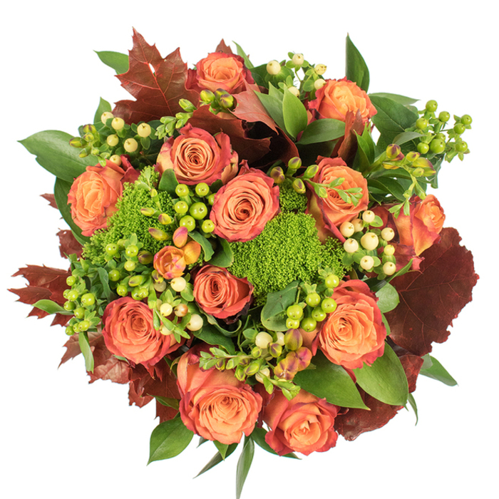 A top-down study in autumnal texture and colour, this bouquet is presented against a pristine white backdrop so every detail reads clearly. At its heart are abundant roses in full bloom, their petals unfolding from creamy-peach centres into stronger coral and orange tones, with outer edges carrying a soft russet blush that suggests falling leaves. Interwoven among those large, romantic roses are clumps of Hypericum berries - a mix of bright lime-green and soft, buttery-yellow - whose smooth, rounded surfaces contrast the roses' layered velvet. The inclusion of Green Trick dianthus, rounded and cushiony, injects a lively, almost botanical surprise: an intensely green, moss-like mass that adds depth and an unexpected sculptural element. Scattered throughout are deep mahogany to burgundy lobed leaves that feel like collected autumn foliage, bringing a grounded, rustic note that balances the brighter colours. Glossy green foliage fills the negative spaces, giving the arrangement a sense of fullness and a natural, garden-fresh backdrop. Gentle, even lighting highlights the tactile differences - the velvet of petals, the gloss of berries, the soft fuzz of dianthus - while modest shadows carve subtle dimension. This bouquet reads as both abundant and considered: a centrepiece for a harvest table, a comforting seasonal gift, or an elegant accent for an apartment near Gloucester Road; it conveys warmth, harvest-time gratitude and the quiet luxury of well-crafted seasonal floristry.