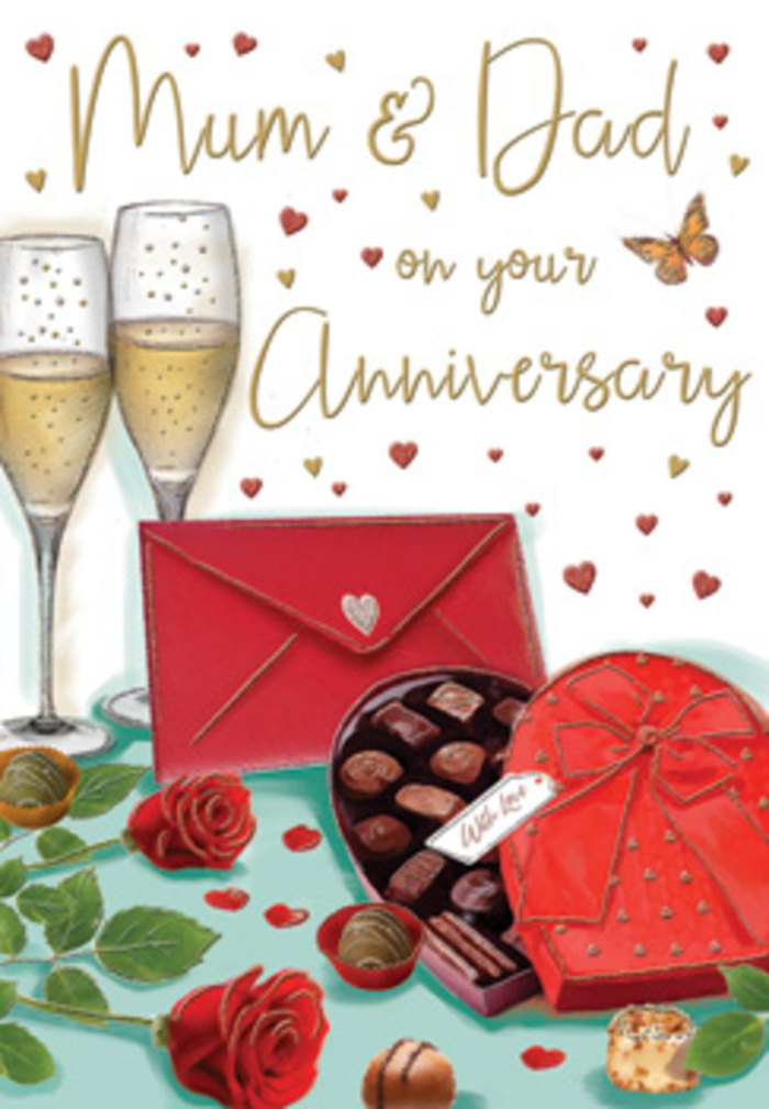 This richly detailed anniversary card illustration portrays a table laid out for a heartfelt celebration, with an atmosphere that could easily belong to a charming home near Earls Court station. Two tall champagne flutes anchor the scene, their clear glass reflecting a soft, amber light. Inside, gently rising bubbles tint the champagne a luminous gold, evoking the sound of glasses about to chime together in a loving toast. In the foreground, a heart-shaped box of chocolates in a deep, romantic red tone rests slightly open, revealing an orderly selection of chocolates, each nestled in its own little compartment. A broad, satin crimson bow is tied across the lid, its ribbons curling naturally, adding a sense of occasion and craftsmanship similar to the finishing touches on a hand-tied bouquet from a local florist. To one side, two fully open red roses are laid carefully on the table, their petals thick and velvety, layered in intricate spirals that speak of freshness and quality. The vivid ruby red of the blooms contrasts with their glossy green leaves, forming a classic anniversary colour scheme. Several chocolates are scattered playfully nearby, and tiny golden and crimson hearts drift across the background, lending a festive sparkle. Hand-lettered words addressed to Mum & Dad weave through the floating hearts, highlighting the card's affectionate, family-focused intent. At the lower edge, a scarlet envelope, perfectly sealed, suggests a private love note or anniversary wish waiting to be read in the quiet of an Earls Court evening. The entire composition glows with warmth, suggesting tenderness, gratitude, and the comforting ritual of celebrating lasting love.