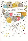 In this image, a refined congratulations card is displayed, its artwork capturing the light-hearted spirit of a celebration that might follow a good news phone call in Earl's Court. Central to the design is a cheerful bouquet of balloons, closely grouped so they form a rounded mass of colour and shine. Their tones are beautifully balanced: warming golds and silvers sit alongside champagne, sky blue, blush pink, and muted grey, creating a palette that feels both modern and timeless. Each balloon is adorned with its own detail-some with glitter-kissed stars, others with slim metallic stripes, and a few with soft, shimmering gradients that give them a sense of depth, as though they are gently rising above the card. From the base of the cluster, fine ribbons curl downwards in twists of gold and silver, overlapping in loose loops like the trailing ends of a carefully tied present. Cutting through the centre is a classic banner with the words Congratulations To You written in elegant, sweeping script, lending a heartfelt, personal tone. Around this focal point, sprinkles of tiny stars, swirling lines, and confetti-style dots drift across a pale background, echoing the carefree motion of confetti falling at a celebration near Earl's Court Road or Cromwell Road. Imagined textures make the design feel almost touchable: the faint roughness of glitter, the smoothness of glossy ink, the solid reassurance of quality card. Overall, the card radiates warmth, pride, and happiness-ideal for honouring achievements, new chapters, or any moment when someone in Earl's Court deserves to feel truly celebrated.