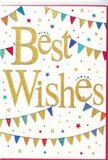 In this image, a Best Wishes card is presented as if ready to accompany a bouquet delivered to a doorstep in Earls Court. The design is clean yet full of life. The card itself is a bright, unmarred white, offering a calm backdrop that allows every colour to stand out vividly. Taking centre stage, the words Best Wishes are inscribed in a broad, flowing gold script, the letters slightly raised and gleaming as though brushed with fine metallic foil. This gold tone has a warm, inviting glow, reminiscent of evening light along Earls Court Road when shopfronts begin to shine. Surrounding the message, strings of colourful bunting curve in gentle arcs near the top and bottom edges. Each small triangular flag on the bunting is a bright stroke of colour-blues, reds, greens, oranges, and yellows-some adorned with stripes, some with tiny polka dots, and others finished with delicate sparkles that catch the light. The bunting feels playful, like decorations hung above a birthday gathering in a hidden courtyard off Cromwell Road. Floating among the bunting lines are tiny stars and round confetti dots in complementary colours, lightly scattered to create the impression that they're drifting through the air after a jubilant cheer. The overall mood of the card is uplifting and affectionate, ideal for celebrating achievements or new beginnings, from promotions to graduations or a move into a new flat. Imagined alongside a locally crafted bouquet, this card's golden words and vibrant pennants help convey heartfelt congratulations and encouragement to someone special in Earls Court.