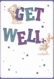 Imbued with affectionate cheer, this get well card feels right at home amidst Earls Court's eclectic charm and neighbourly warmth. Two endearing characters-a teddy bear with a reassuring smile and a spirited puppy-work together to balance bold, colourful letters spelling 'Get Well.' The text's rich indigo and teal shades stand out confidently against a cream-white canvas, while scattered stars in nuanced blue and purple tones add a magical touch, as bright as flowers on a sunny Earl's Court Market morning. Illustrated fur looks so soft and tactile that one almost feels the kindness radiating from the page, evoking the same comfort as a bouquet tenderly arranged by local florists. The scene is inviting and uplifting, like a surprise delivery to a friend on Nevern Square-a visual reminder that sincere support can turn a simple message into a heartfelt celebration, making any recovery journey a little warmer.