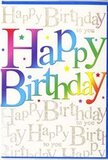 This photograph shows a contemporary Happy Birthday card whose cheerful design feels right at home in vibrant Earls Court. At its heart, the words Happy Birthday sweep across the card in generous, curved letters that are easy to read and visually striking. Each letter is painted in a different hue, creating a smooth rainbow ribbon of colour that flows from deep claret and ripe raspberry through warm orange, honeyed yellow, bright spring green, sea-toned turquoise, and rich violet. The transition from one colour to the next is seamless, evoking the pleasure of looking into buckets of mixed flowers outside a local florist just off Earls Court Road. The surface of the lettering appears smooth and slightly lustrous, suggesting a quality print that would feel pleasing beneath your fingertips. Behind this vivid text, the background is a soft, creamy white, made lively by streams of delicate golden handwriting. The script, repeating Happy Birthday to you, curls and loops in thin, graceful lines that travel diagonally across the card, as if a chorus of voices were layered behind the main message. The gold ink subtly shimmers, catching available light like the glint of evening sun on the upper windows of Earls Court townhouses. The composition leaves comfortable margins around the central phrase, giving the entire design space to breathe and preventing the combination of bold colour and metallic detail from becoming overwhelming. The overall atmosphere is one of relaxed, stylish joy-perfect for propping up next to a bouquet on a mantle in a period flat, or placing on a dining table dressed for a birthday meal, where its gentle shine and spectrum of colour can quietly lift the mood of the whole room.