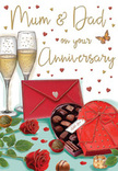 In this anniversary card design, the artist has created a romantic, carefully paced moment that feels right at home in the characterful streets around Earls Court. Two slender champagne flutes stand in the centre, filled with effervescent golden champagne. The bubbles appear frozen mid-dance, rising through the liquid in delicate strands that shimmer softly as though lit by candlelight. Just in front sits a heart-shaped box of chocolates, its rich crimson lid eased back to reveal impeccably arranged chocolates, each piece rounded and glossy with promise. A sumptuous red satin bow encircles the box, its wide loops and gentle folds echoing the curves of a florist's ribbon on a special anniversary bouquet. Beside the chocolates, two stunning red roses lie across the table, their velvety petals fully open and luxuriously thick, the kind of blooms a skilled florist in Earls Court might choose for a couple celebrating a milestone. The roses' deep ruby hue stands out against their fresh green foliage, drawing the eye again and again. A handful of chocolates are scattered around, adding a touch of spontaneity, while tiny hearts in shimmering gold and bright crimson float across the creamy background. Interwoven with these hearts are affectionate hand-lettered words for Mum & Dad, giving the image a warm, family-oriented charm. At the bottom of the composition rests a scarlet envelope, sealed and inviting, hinting at a handwritten message that captures memories and gratitude. The gentle, overall glow evokes the quiet magic of an anniversary evening, perhaps after a stroll along Earls Court Road, where love is celebrated with champagne, roses, and the simple pleasure of being together.
